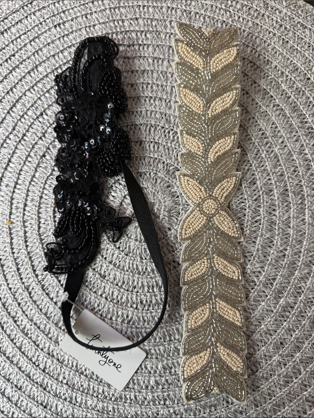 Black Sequin Lace Headband and Cream Beaded Applique Set